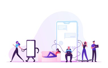 Sosyal medya bağımlılığı konsepti. Akıllı telefonlar ve Gadget 'larla Sınır Tanımış Erkek ve Kadın Karakterleri, Metal Zincirle Bağlı Kadın Cep Telefonu, İnternet Bağımlı İnsanlar. Çizgi film Düz Vektör İllüstrasyonu