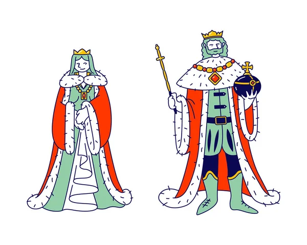 中世纪皇室成员国王和王后，身穿与白色背景、古代历史王国人物或童话故事人物有关的服装，制作漫画，描绘平面矢量，线条艺术 — 图库矢量图片