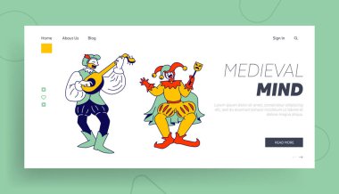 Ortaçağ Karakterleri Ozanı ve Soytarı Web Sitesi İniş Sayfası. Komik Karnaval Şovu ya da Peri Masalı Kişileri, Antik Pazar Çizgi Romanları Web Sayfası Afişi. Çizgi film Düz Vektör İllüstrasyonu, Satır Sanatı