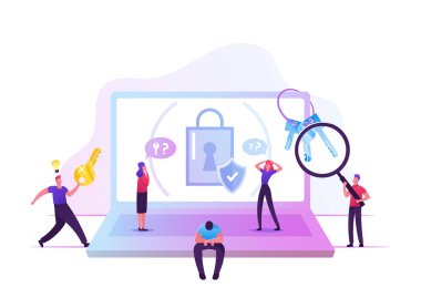 Üzgün Adam Büyük Laptop 'ta asma kilit ve Shield' ın Kayıp Hesap Şifresi ile ilgili dertlerini unuttu. Key 'le Mutlu İnsanlar Koşusu. Bilgi Savunması Çizgi Filmi Düz Vektör İllüstrasyonu
