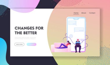 Cep telefonu Bağımlısı Web Sitesi İniş Sayfası. Oksijen Maskeli Kadın Yüzünde Büyük Akıllı Telefona Bağlı. Cep telefonu web sayfasına bağlı dizüstü bilgisayarı olan bir adam. Çizgi film Düz Vektör İllüstrasyonu