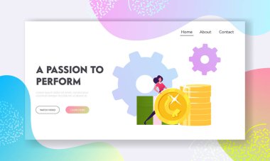 Para Yatırımı, Refinance Web Sitesi İniş Sayfası. İş kadını, dişli çarklı altın para yığınlarının yanında duruyor. Finansal Yatırım Geliri Web Sayfası Afişi. Çizgi film Düz Vektör İllüstrasyonu