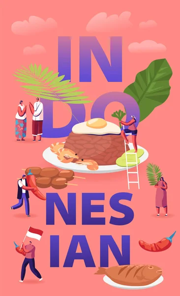 インドネシア料理の概念。小さな男性と女性のキャラクター観光客や地元の住人伝統的なマレーシア料理のポスターを食べ、調理する｜バナーフライヤーパンフレット。漫画フラットベクトルイラスト — ストックベクタ