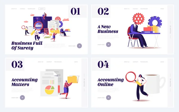 Audit Consulting for Company Website Landing Page Set. Auditors Check Sum Documents, Bank Accounts for Financial Project Management Accounting Balance Web Page Banner. Cartoon Flat Vector Illustration — 스톡 벡터