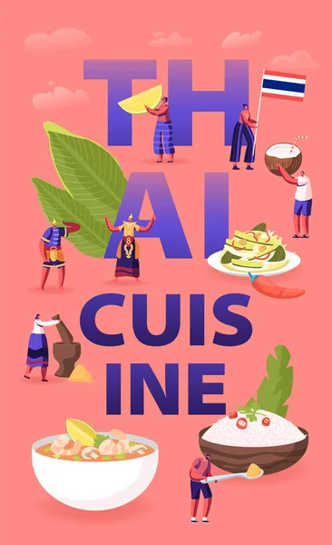 Concepto de cocina tailandesa. Pequeños personajes femeninos masculinos Turistas y habitantes nativos Comer y cocinar Comidas tradicionales de Tailandia, Cartel de comida asiática Folleto de pancartas. Dibujos animados plana Vector Ilustración — Archivo Imágenes Vectoriales