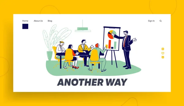 Офіційний сайт компанії Landing Page, Business Coach Explaining Company Strategy Financial Consultation on Meeting with Employees, Workshop Web Page Banner Cartoon Flat Vector Illustration, Line Art — стоковий вектор