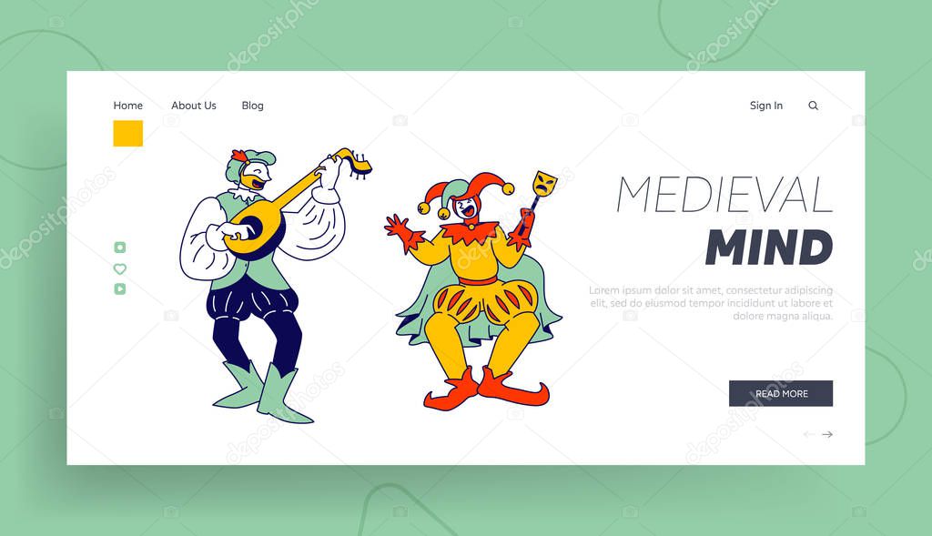 Medieval Characters Minstrel and Buffoon Website Landing Page. Funny Carnival Show or Fairy Tale Personages, Ancient Market Comic Persons Web Page Banner. Cartoon Flat Vector Illustration, Line Art