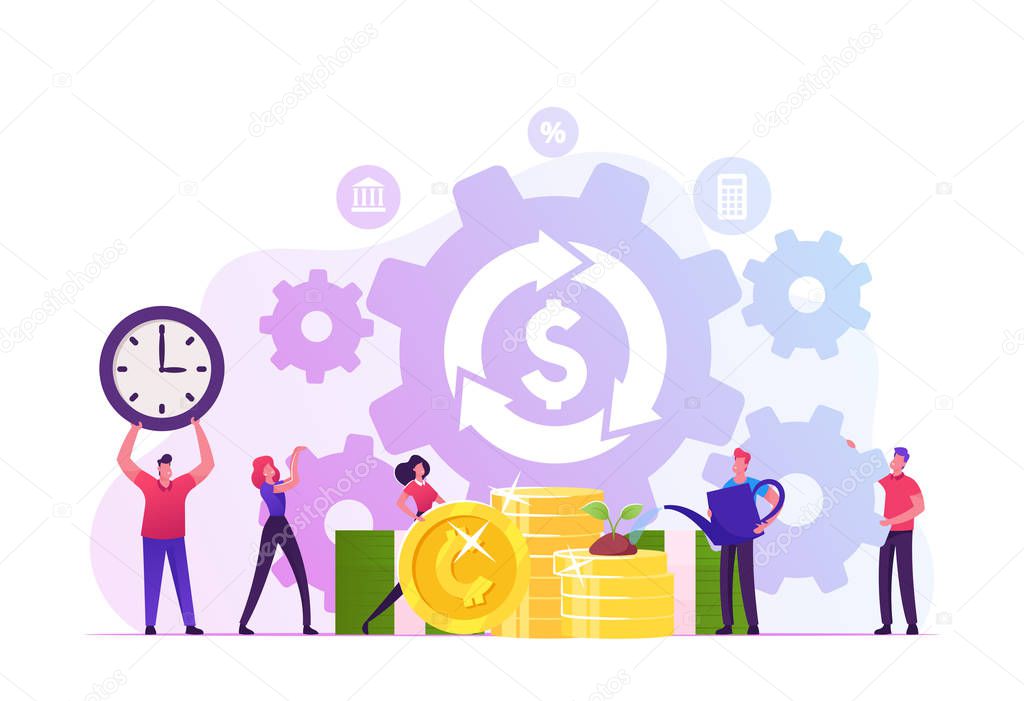 Debt or Mortgage Refinance Concept. Tiny People around Dollar Sign in Loop Arrow Growing Plant on Golden Coins and Moving Huge Cogwheels Saving Budget Money and Time Cartoon Flat Vector Illustration