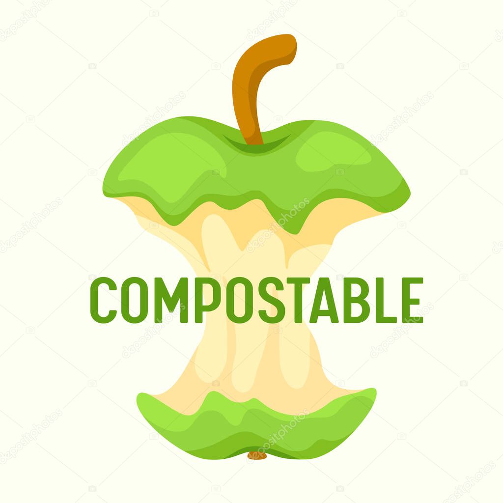 Compostable Waste Concept. Organic Trash, Food Compost Logo with Apple Stump Isolated on White Background. Ecological Fertilizer Ad Poster Banner Flyer Brochure. Cartoon Flat Vector Illustration