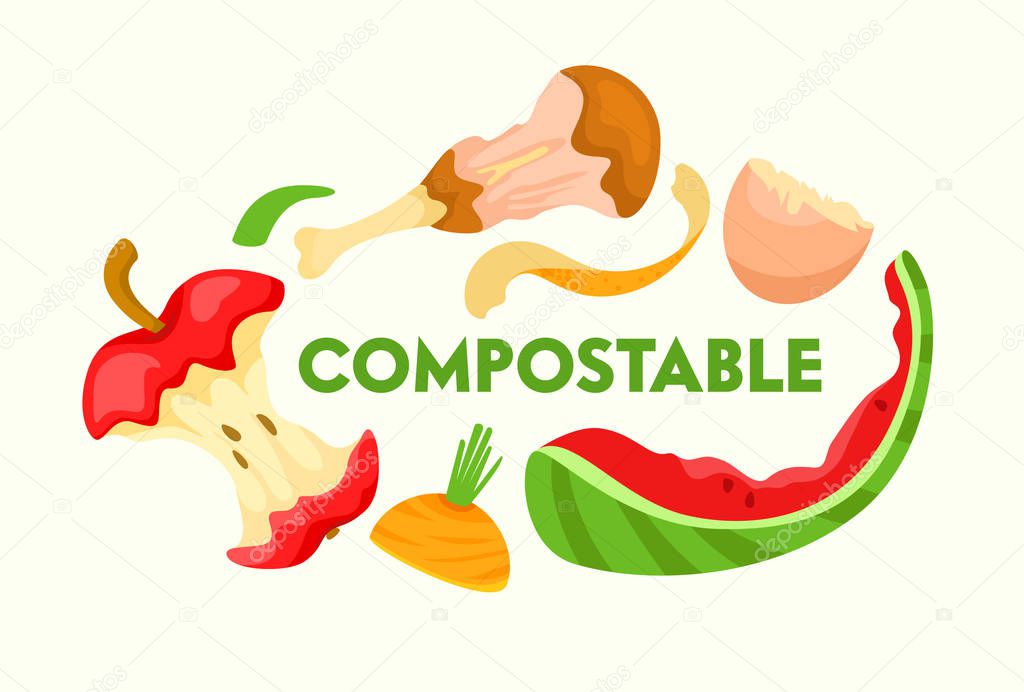Compostable Vegetable, Fruit and Meat Kitchen Scraps on White Background. Organic Waste for Domestic Composting Parings and Peelings for Poster Banner Flyer Brochure. Cartoon Flat Vector Illustration