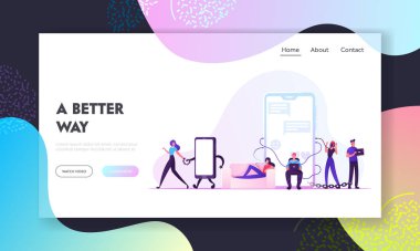 Sosyal Medya Bağımlılığı Web Sitesi İniş Sayfası. Gadget 'larla Sınırlı Karakterler, Metal Zincirle Bağlı Kadın Cep Telefonu, İnternet Bağımlı İnsanlar. Web Sayfası Afişi. Çizgi film Düz Vektör İllüstrasyonu