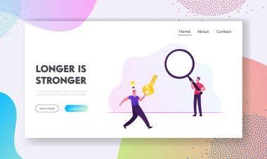 Kullanıcı Kayıp Hesap Parolası, Görev Çözümü Web Sitesi İniş Sayfası. Kocaman Anahtarlı Mutlu Adamlar, Başının üstünde Parlayan Ampul ve Büyüteç Web Sayfası Afişi. Çizgi film Düz Vektör İllüstrasyonu