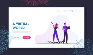 İnternet ve Sosyal Ağ Bağımlılığı Web Sitesi İniş Sayfası. Akıllı Telefonu Yüzünde Kadın, Tableti Metal Zincirle Bağlı Adam. Gadget Bağımlılık Web Sayfası Afişi. Çizgi film Düz Vektör İllüstrasyonu