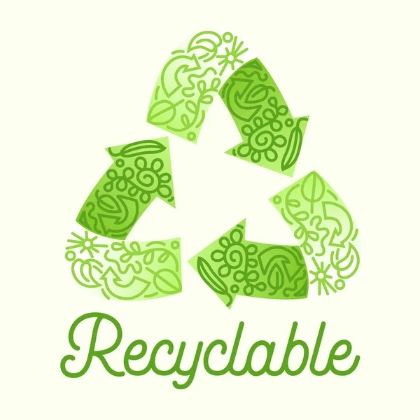 Conceito de Pacote Reciclável. Reciclar Símbolo Três Setas de Circulação Verde com Desenhos Doodle. Logotipo do processo de transformação de lixo para cartaz Folheto do folheto da bandeira. Desenhos animados ilustração vetorial plana —  Vetores de Stock