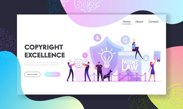 Patent Law Website Landing Page. Safeguard with Dog and People Protecting Rights for Authorship and Creation of Different Mental Invention Products Web Page Banner. Cartoon Flat Vector Illustration — 스톡 벡터