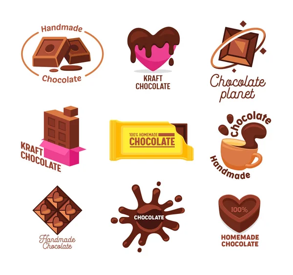 Grande coleção de Kraft artesanal e caseiro doces de chocolate e bebida Logo Design. Diferentes Formas e Tipos de Doces Choco Emblemas no Estilo dos Desenhos Animados e Ilustração do Vetor de Projeção Isométrica — Vetor de Stock