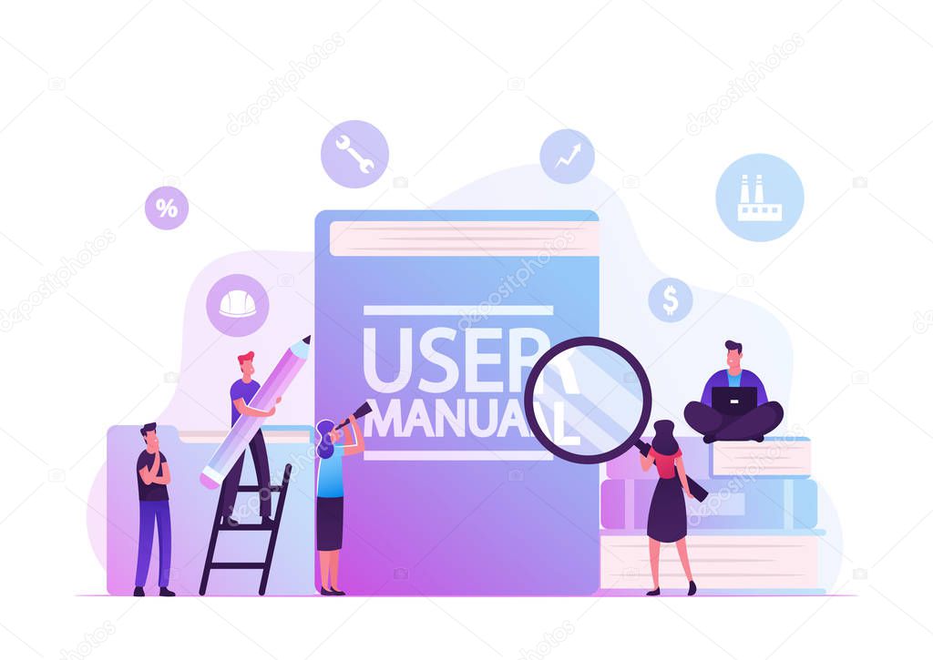 User Manual Concept. People with Some Office Stuff Discussing Content of Guide. Requirements Specifications Document. People Read Book with Instructions for Equipment. Cartoon Flat Vector Illustration