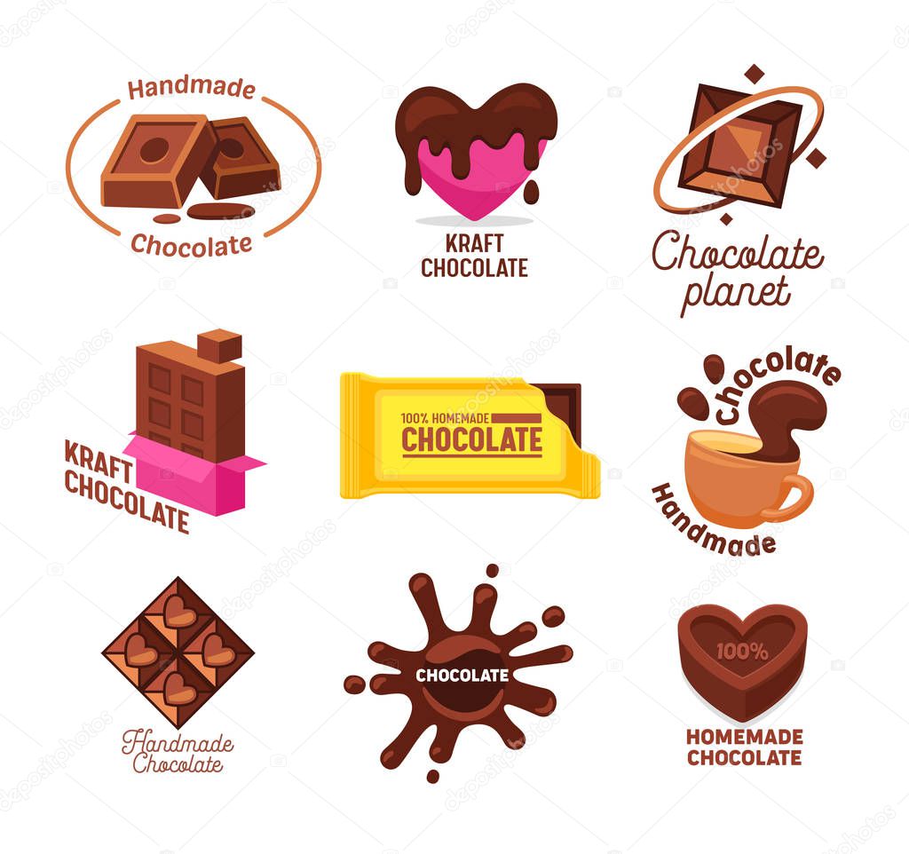 Big Collection of Kraft Handmade and Homemade Chocolate Candies and Drink Logo Design. Different Shapes and Kinds of Choco Sweets Emblems in Cartoon Style and Isometric Projection Vector Illustration