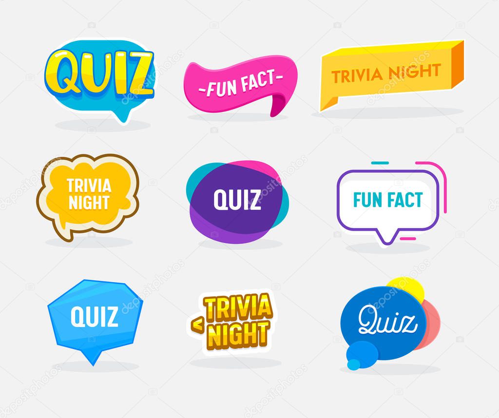 Set of Quiz, Fun Fact and Trivia Night Badges in Shape of Speech Bubble. Creative Icons for Social Media Marketing. Tags, Stickers for Account, Advertising Promo Banners, Label. Vector Illustration