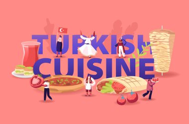 Türk mutfağı konsepti. Minik Erkek ve Kadın Karakterler Turistler ve Yerliler Geleneksel Hindi Yemekleri ve Yemek Pişirme Afişi Broşürü. Çizgi film Düz Vektör İllüstrasyonu
