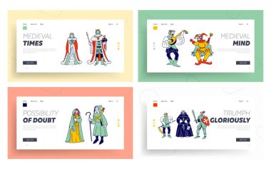 Ortaçağ Tarihi Karakterleri Web Sitesi İniş Sayfası Ayarları. Kraliyet Kraliçesi ve Kral Çifti, Monk Bard Şarkıcı Şövalyesi, Tarihi Kostümler İçinde Köylü Web Sayfası Afişi. Çizgi film Düz Vektör İllüstrasyonu, Satır Sanatı