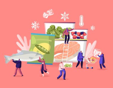 Frozen Food Concept. Tiny Male and Female Characters Buying and Cooking Natural Iced Products Fresh Vegetables, Fruits Meat and Fish. Healthy Eating, Conservation Cartoon Flat Vector Illustration clipart