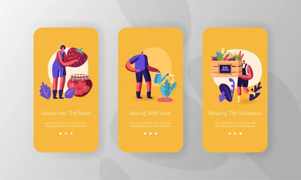 Mobil App för jordbruksproduktion Page Onboard Screen Set. Jordbrukare erbjuder ekologiska naturliga lokala frukt och vegetabiliska produkter. Ekologiska livsmedel koncept för webbplats eller webbsida, tecknad platt vektor Illustration — Stock vektor