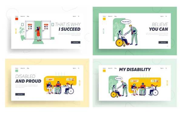 Woman Choice, Handicapped People Employment Website Landing Page Set. Disabled Working at Laptop Sitting at Workplace, Dilemma Work or Family Web Page Banner. Cartoon Flat Vector Illustration Line Art — 스톡 벡터