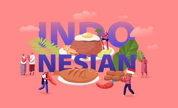 Concepto de cocina indonesia. Pequeños personajes masculinos y femeninos Turistas y habitantes nativos Comiendo y cocinando comidas tradicionales malasias Cartel Folleto de pancartas. Dibujos animados plana Vector Ilustración — Archivo Imágenes Vectoriales