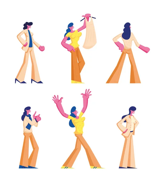 Conjunto de personajes femeninos en ropa casual y formal de pie en diferentes posturas, gestos, elegir o comprar vestido, el uso de traje aislado sobre fondo blanco Dibujos animados plana Vector Ilustración — Archivo Imágenes Vectoriales