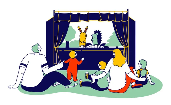 Happy Family of Parents and Kids Watching Together Puppet Show. Artist with Toys Hiding behind of Curtains Performing Entertainment for Little Children. Cartoon Flat Vector Illustration, Line Art — Stock Vector