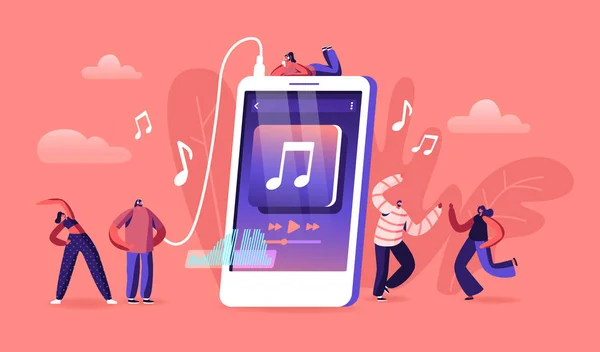 Mladí lidé poslouchat hudbu na mobilní telefon koncepce aplikace. Drobné mužské a ženské postavy nošení sluchátek se zvukovou kompozicí, tancem a relaxační kreslenou plochou vektorovou ilustrací — Stockový vektor