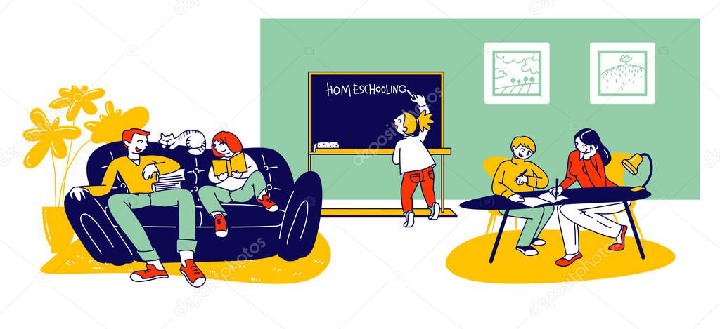 Homeschooling Concept. Children Getting Education at Home with Tutors or Parents in Relaxed Comfortable Environment. Domestic Education Plan for Pupils. Cartoon Flat Vector Illustration, Line Art