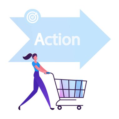 Happy Woman Buyer Pushing Shopping Cart front of Arrow Sign with Action Typography One of Step AIDA Model Except Attention Interest Desire Stages in Sales Business Cartoon Flat Vector Illustration clipart