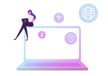 Araştırma Bilgileri İçin Wifi Bağlantısını Kullanarak Dizüstü Bilgisayarda Çalışan İşkadını, İnternet 'ten Dosyaları İndirin ve İletişim Ağı ile Aktarım Verilerini İndirin. Çizgi film Düz Vektör İllüstrasyonu