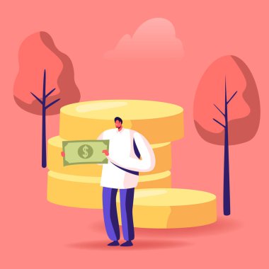 İnsanlar Para Topluyor ve Tasarruf Ediyor. Altın Para Yığını 'nın yanında Erkek Karakteri' nin elinde kocaman bir banknot var. İş Dünyasında Finansal Başarı, Ekonomi ve Zenginlik Çizgi Film Düz Vektör İllüstrasyonu