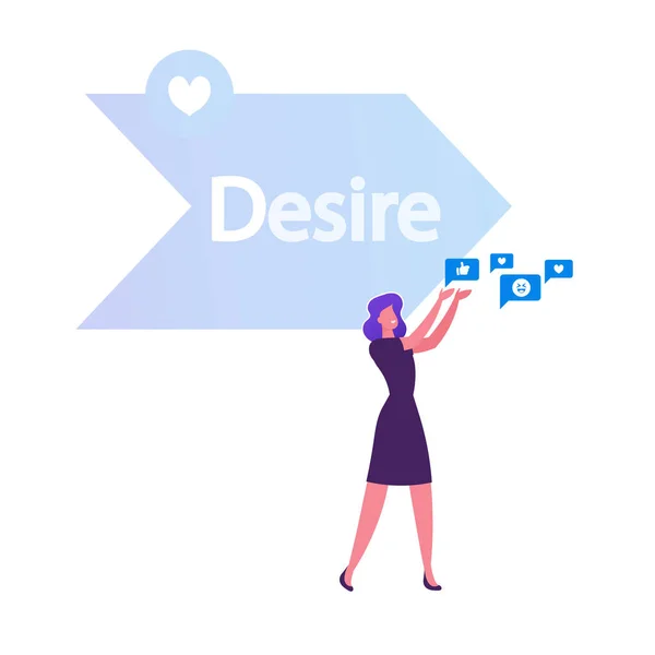 Woman Holding in Hands Various Social Media Icons front of Arrow with Desire Typography One of Step AIDA Model kecuali Attention Interest Action Stages in Advertising (dalam bahasa Inggris). Ilustrasi Vektor Flat Kartun - Stok Vektor