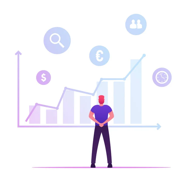 Geschäftsmann analysiert wachsende Big-Data-Diagramm Unternehmensstatistiken, Produktivitätseffizienz Business Education Training, neue Chancen, Datumsfilter und Schätzung Cartoon flache Vektorillustration — Stockvektor