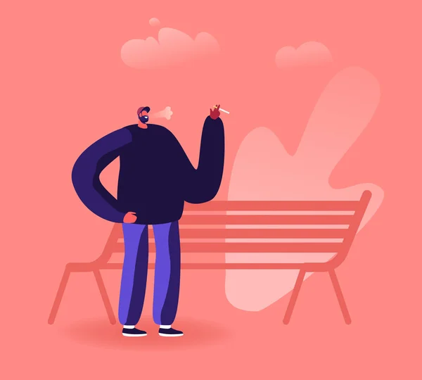 Smoking Addiction and Bad Unhealthy Habit Concept. Male Character Smoking Cigarette near Bench in Park. Addicted Man with Nicotine and Tobacco Product. Social Problem Cartoon Flat Vector Illustration — 스톡 벡터