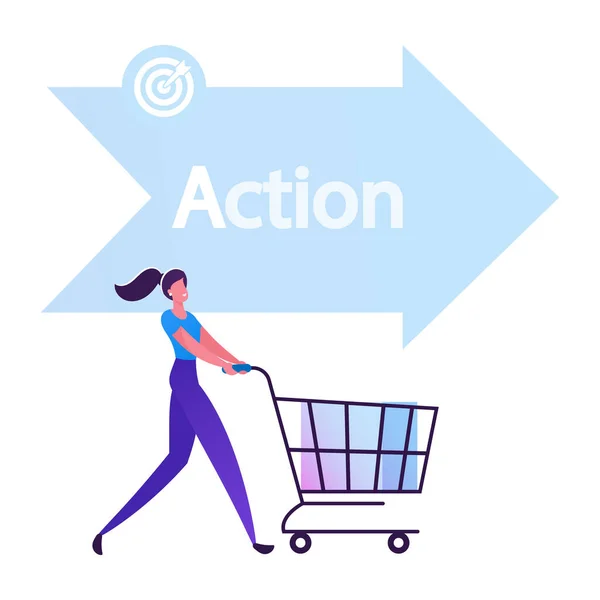 Happy Woman Buyer Pushing Shopping Cart front of Arrow Sign with Action Typography One of Step Aida Model Except Attention Interest Desire Stages in Sales Business Cartoon Flat Vector Illustration — Διανυσματικό Αρχείο