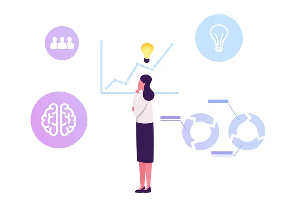 Thoughtful Business Woman with Glowing Light Bulb over Head Stand at Growing Arrow Chart Analysing Statistics Data Searching Solution Improvement Corporate Finance Situation Flat Vector Illustration — Stock vektor