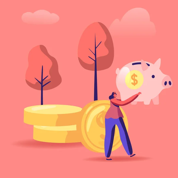 Woman with Piggy Bank in Hands Stand near Golden Coins Pile. People Saving and Collect Money in Thrift-box, Open Bank Deposit. Family Finance Budget Economy Concept Cartoon Flat Vector Illustration — Stock Vector