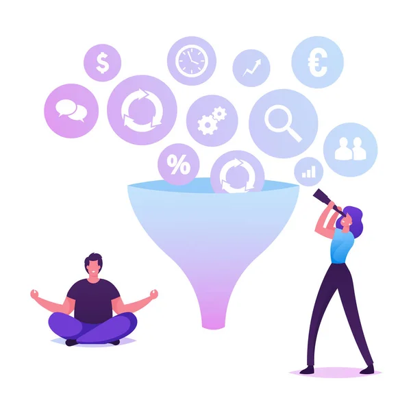 Businesswoman Looking through Spyglass on Huge Funnel with Various Business Icons Falling Down. Businessman Meditating Sitting at Data Filter Tunnel. Creative Process Cartoon Flat Vector Illustration — Stock vektor