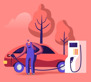 Benzin İstasyonu İşçisi Arabaya Yakıt Dökmek İçin Dolum Tabancası Tutuyor. Petrol İstasyonu Refueling Automobile, Sürücüler için Ulaşım Benzin Servisi İş Kıyafetleri Çalışan. Karikatür Düz Vektör İllüstrasyon