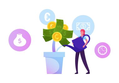 Roi, Yatırım Konseptine Dönüş. İş kadını Ot Yetiştirme Sermayesi 'nde Dolar Bitkisi Sulama ve Altın Para ve Kağıt Faturaları Çizgi Filmlerinde Düz Vektör İllüstrasyonuyla Ağaç İade Eden Kız Bakımı