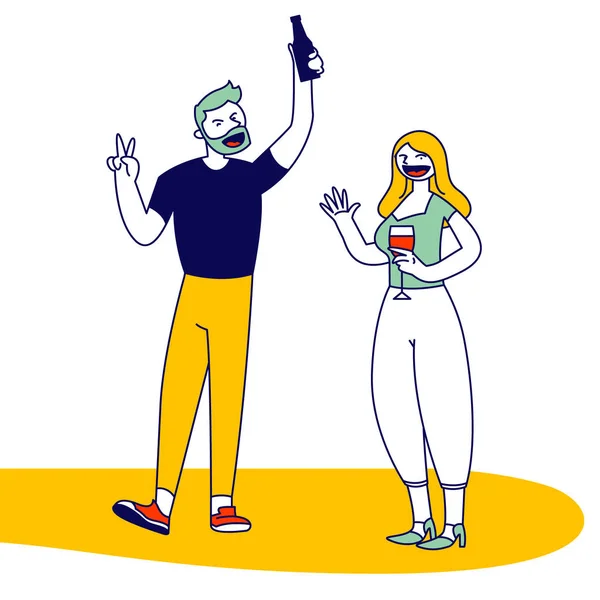 庆祝派对或节庆活动期间，人们欢欢喜喜畅饮。喜玛士胡须男子举着啤酒瓶表演胜利的象征，带着酒杯的女人挥动着手绘漫画的平面矢量图解 — 图库矢量图片