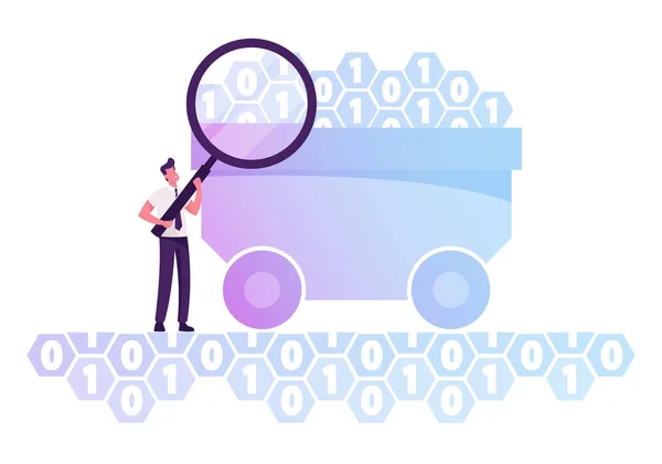 Empresario con gran soporte de lupa en el carro con dígitos de código binario. Investigación de información útil en Datum. Concepto de minería de datos. Algoritmo de codificación de la máquina Ilustración plana de vectores de dibujos animados — Archivo Imágenes Vectoriales