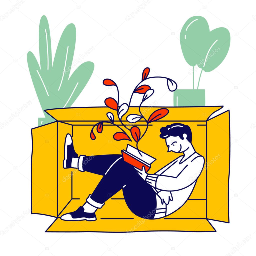 Social Anxiety Concept. Lonely Introvert Man Sitting inside of Box Reading Book. Mental Health, Psychology and Psychological Problems. Communication Difficulties Idea Cartoon Flat Vector Illustration