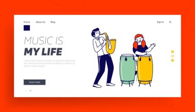 Yetenekli Çocuk Sanatçılar Müzikal Okulu Web Sitesi İniş Sayfasında. Kız Davulcu ve Erkek Saksafoncu Müzikal Pop veya Caz Kompozisyonu Web Sayfası Afişi Çalıyor. Çizgi film Düz Vektör İllüstrasyonu