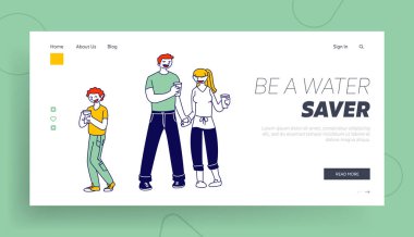 Sağlıklı Alışkanlık ve Yaşam Tarzı Web Sitesi İniş Sayfası. Mutlu Anne Ailesi, Baba ve Oğlan Gözlük Tutuyor, Ebeveynler ve Çocuk Web Sayfa Afişi 'nde Taze Su İçiyorlar. Çizgi film Düz Vektör İllüstrasyonu